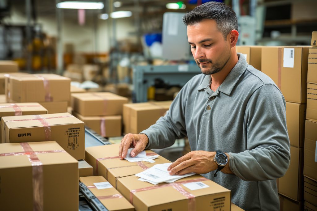 Concentrated man meticulously labeling a package for shipment.